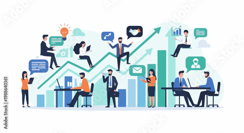 Business professionals collaborate amidst a backdrop of charts, graphs, and communication icons