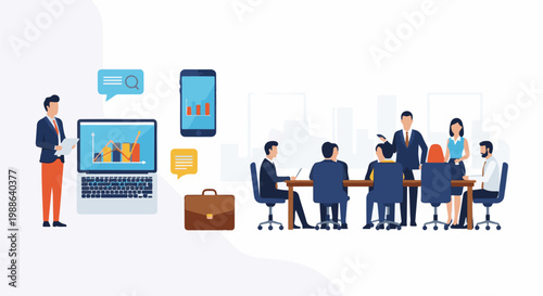 Business professionals collaborate around a table with digital devices displaying data