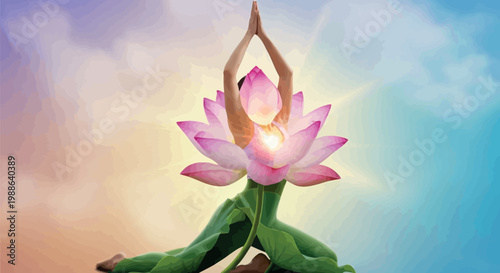 Person performing yoga pose merging with a glowing pink lotus flower to symbolize deep spiritual awakening inner peace harmony and balance within the human soul