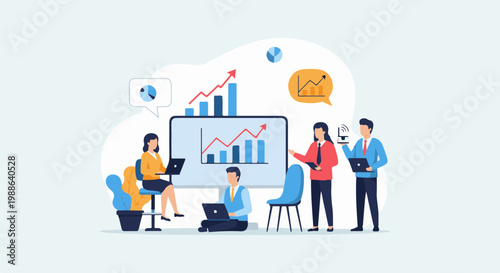 Team analyzing data on screen, people collaborating with laptops and charts