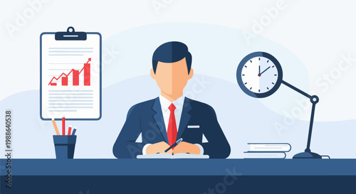 Businessman at desk reviewing performance chart, with clock and lamp