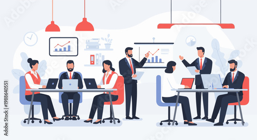 Business meeting with presentations and teamwork in a modern office