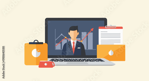 A businessman on a laptop screen with charts, plus business accessories
