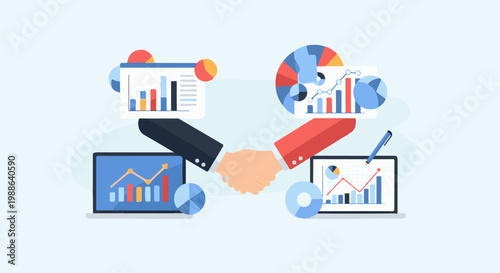 Two business people shake hands over a deal illustrated with charts and graphs