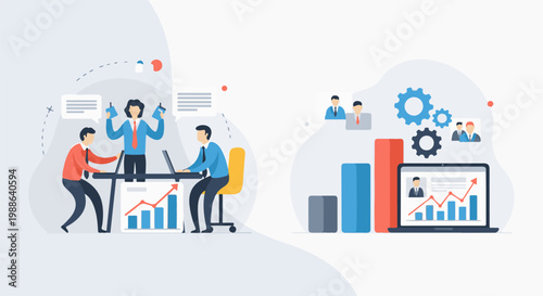 Business professionals collaborating and analyzing data with charts and gears on a light background