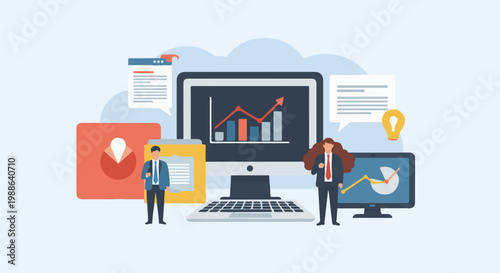 Business professionals analyze data graphs, charts, and ideas on computers and screens