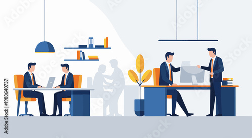 Business professionals collaborate and work at desks in a modern office setting