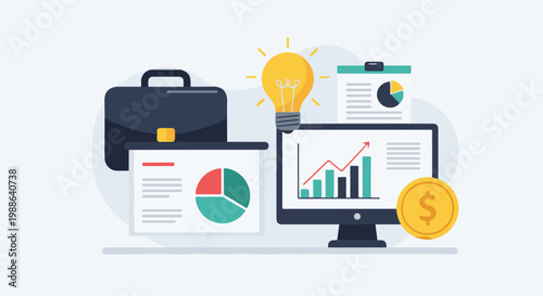 Business briefcase, charts, computer screen, lightbulb, and a gold coin