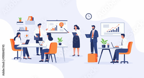 Business meeting with diverse professionals presenting and analyzing data on screens