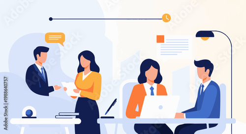 Colleagues collaborate and communicate in a modern office setting, discussing work