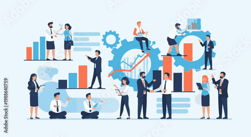 Diverse business professionals collaborate around data charts and gears, illustrating teamwork