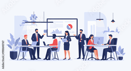 Diverse team in a modern office setting, collaborating and presenting business data