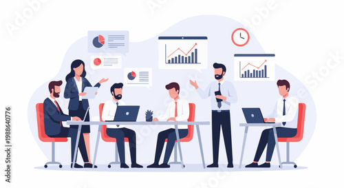 Diverse professionals collaborate in a modern office setting, presenting data and charts