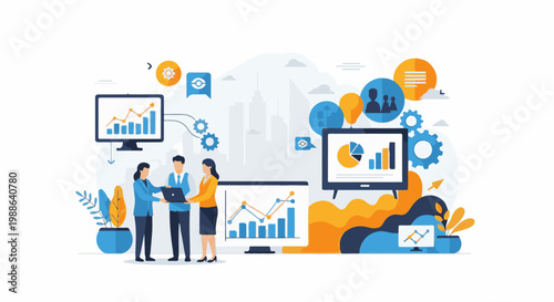 A group of business people collaborating and analyzing data on monitors