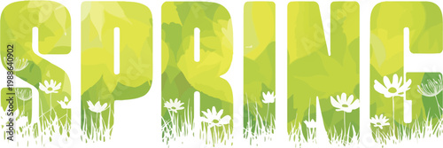 A colorful illustration of the word Spring with flowers
