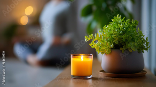 Person meditating in a home office corner with a plant and candle, stress relief and work-life balance self-care concept, defocused background, with copy space