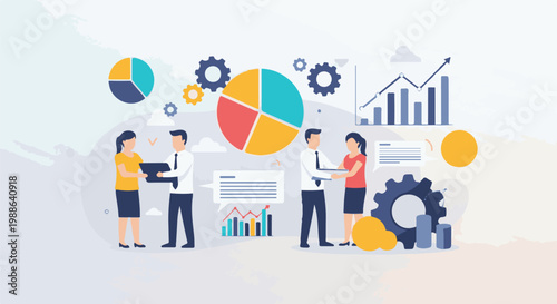Business professionals collaborate on charts, gears, and data analysis for project success