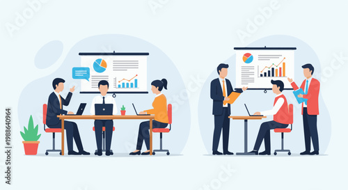 Team collaborates in meeting room, discussing charts and data on presentation screens and laptops