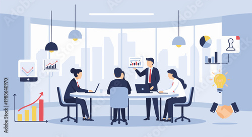 Business team meeting analyzing charts and graphs in a modern office setting