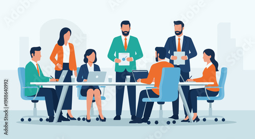 Team meeting in a modern office with diverse professionals discussing plans around a table