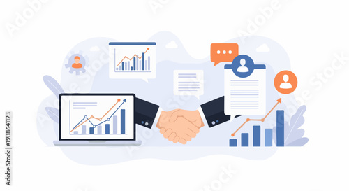 Business handshake with financial charts and data presentation