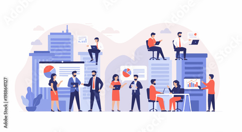 Diverse professionals collaborate in a modern cityscape, discussing data on screens