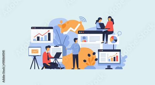 Diverse professionals collaborating around digital screens displaying data and charts