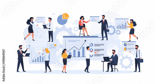 Diverse professionals collaborate and analyze data with charts, graphs, and laptops