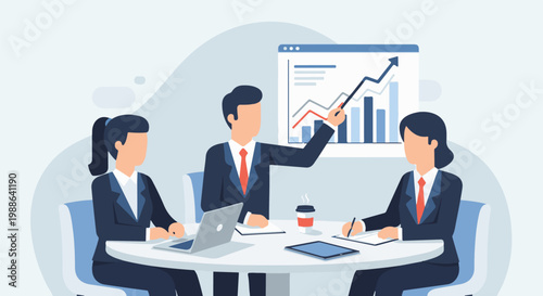 A business meeting with a presenter showing charts and graph on a screen