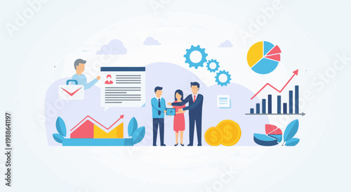 Business professionals collaborate on data analysis, investment, and strategy