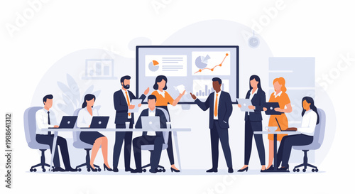 Diverse team in a meeting, analyzing charts on a screen, with laptops on desks