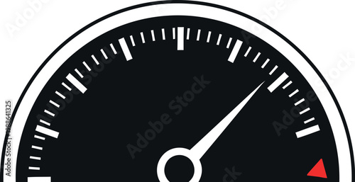 A visual representation of a black and white speedometer gauge with its needle pointing towards the maximum level, symbolizing high performance, speed, and efficiency.