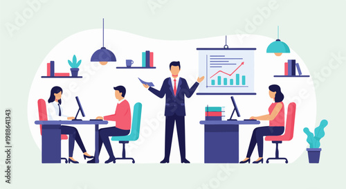 A team of professionals works in a bright office, presenting data and collaborating