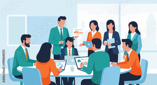 Team collaborating in a modern office, analyzing data and presenting ideas