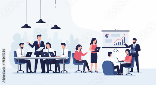 A diverse team collaborates in a modern office setting, presenting business data and ideas