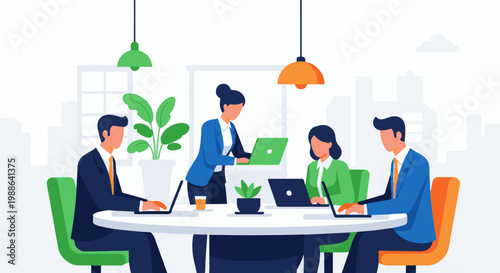 Diverse professionals collaborate around a round table, using laptops in a modern office