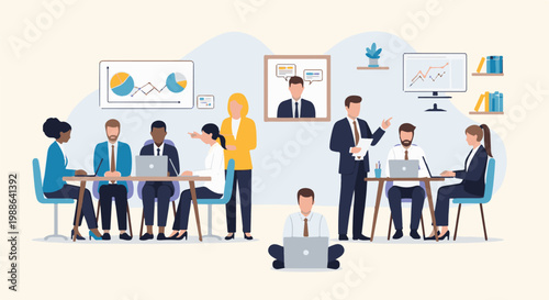 Business meeting with diverse professionals discussing charts and data