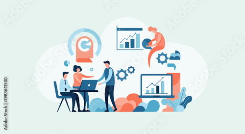 Colleagues collaborate on data analysis and strategy with laptops and charts
