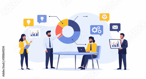 Business meeting with charts, pie chart, and communication icons