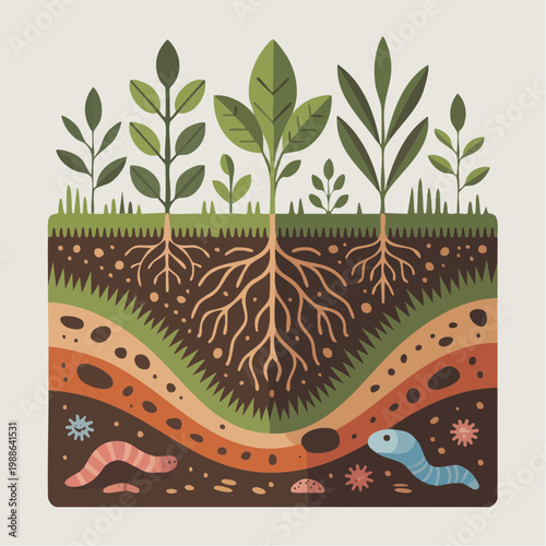 Plants with roots in diverse soil layers. Perfect for depicting plant growth, environment, gardening, agriculture, and biology concepts.