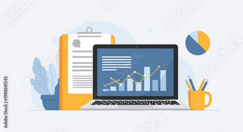 Laptop displays analytics on screen, next to a clipboard, plant, and cup with pencils