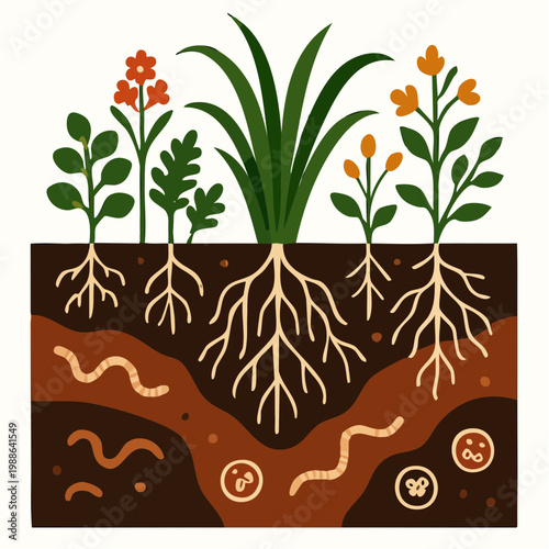 Plants, worms, and microorganisms thrive in nourishing soil. Ideal for agriculture, gardening, environmental education, and sciencerelated designs.