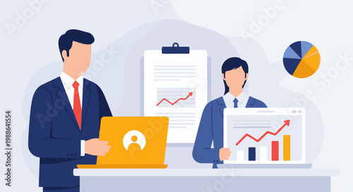 Business professionals analyzing financial data on laptops with charts and graphs