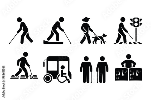 Blind accessibility icons illustration set, silhouette pictograms with guide dog braille cane bus assistance and tactile paving for inclusive design.