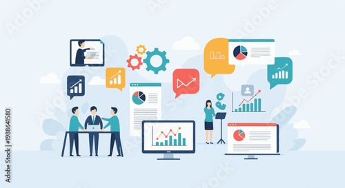 Business team collaborates on data analysis and strategy with charts and graphs