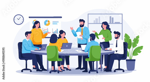 Professionals in a modern office meeting, discussing data on screens and laptops, collaborating around a table