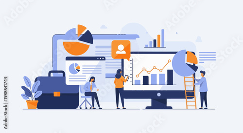 Business professionals analyzing data and charts on a computer for insights