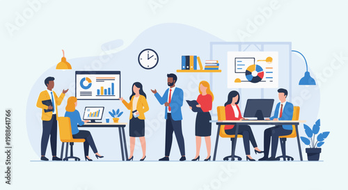 Diverse team collaborates in a modern office, presenting data on screens