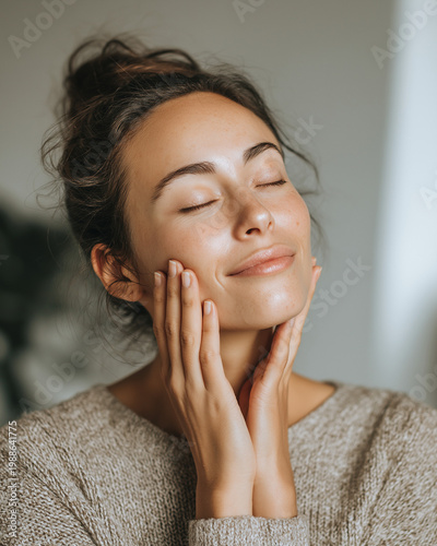 woman massaging eco serum into face, natural motion, realistic skin texture