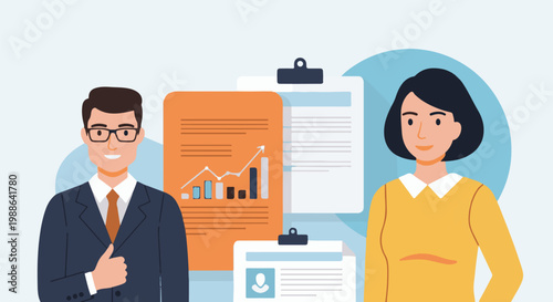 Two professionals stand near a presentation with charts and personal information